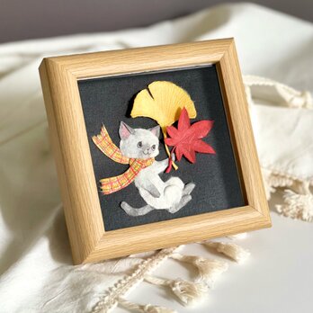 ［原画］和紙ちぎり絵『紅葉とネコ』真っ赤な紅葉に黄色いイチョウの葉！カラフルな秋を彩る小さなインテリアアート