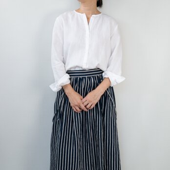 極上リネンのシンプルドレスシャツ【オフホワイト・M・長袖・比翼・ノーカラー・貝ボタン】