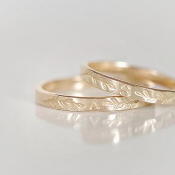 《選べるイニシャル、数字ナンバー(5文字まで)》オリーブリーフ フラット スキニーリング 14kgf ピンキーリング対応 ギフト