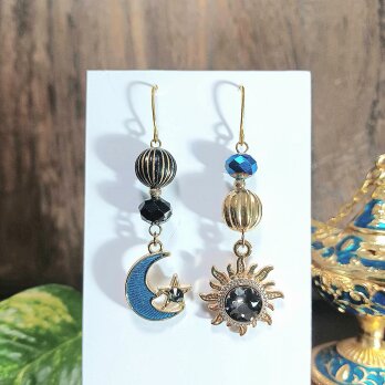 月と太陽 moon sun☀︎darkピアス ブラックダイヤモンド No.955