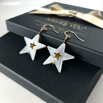 星あそび｜大ぶり白蝶貝 × ゴールドヘマタイト ピアス 14kgf【Xmas限定BOX】