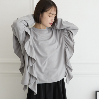 大人のスウェット 柔らかフリルストレッチ素材トレーナー　ライトグレー　0670Grey