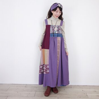 アンティークフラワーとモーブリネンのパッチワーク・マキシキャミワンピース（リンクコーデになります）