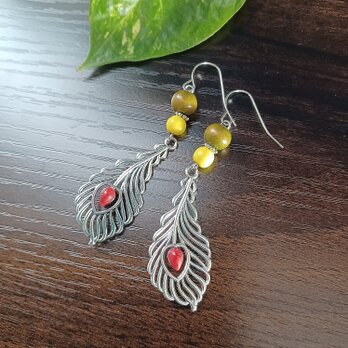 アンティークシルバー‪✿レゲエ ターコイズレッド フェザーピアス No.1709