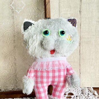チビネコちゃん(ピンクチェック)  ミニぬいぐるみ　ストラップ付　ボア
