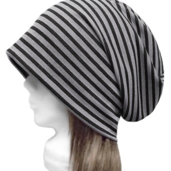 ルーズワッチキャップ◆コットンウール ボーダー柄ジャガード織ニット／グレー×ブラック　◇ゆったりサイズ・小顔効果◇