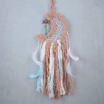 ドリームキャッチャー　クリスタル　トリプルムーン　モコモコ　ブラウン　天然石