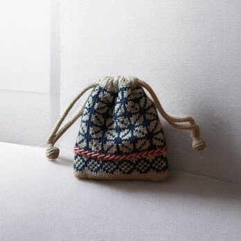 北欧ニット巾着／ネイビー×薄ベージュメリノウール