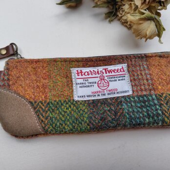 生地を楽しむ、ハリスツイードのペンケース（オレンジグリーン系チェック）