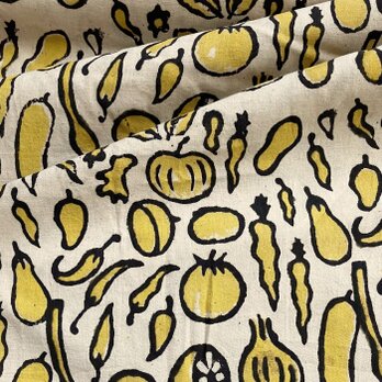 インド ブロックプリント生地 [50cm単位切売] バグルー 野菜 イエロー ベジタブル トマト SA IF0365