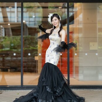 実例写真!着物ドレス、和風ドレス ブラック シャンパン色 チュールスカート アシンメトリースカート 編み上げ 発表会