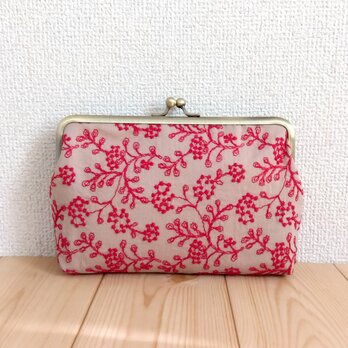 刺繍　お薬手帳・通帳ケース・がま口大きめポーチ　18cm口金　花柄　ベージュ　418