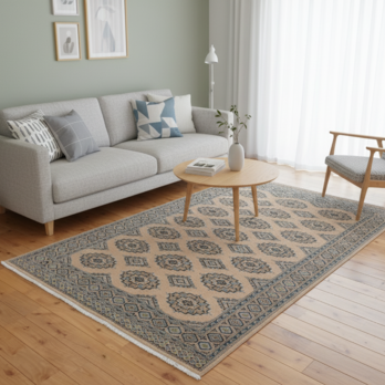 夏はサラサラ　手織り　ラグ　パキスタン絨毯（9/18）シルクタッチ　182ｘ124cm 軽くて畳める　ベージュ