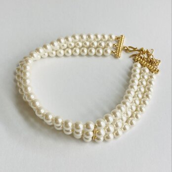 ガラスパール3連チョーカーネックレス/8mm約32cm+8cm/クリーム/G/made in japan