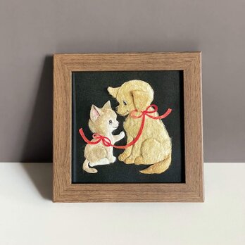 ［複製画］和紙ちぎり絵アートプリント（無料ラッピング付き)『子犬と子猫』引越し・転園・転校、子どもから先生やお友達へのギフトに。