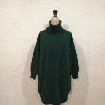【2025新色♡】軽くてふんわり暖かウール混オフタートルネックチュニックワンピース 　フォレストグリーン