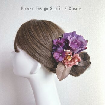 パープルの薔薇と秋薔薇の髪飾り　フラメンコ　フローレス　ダンス　髪飾り　発表会　秋　パープル　紫　髪飾り　ハロウィン　秋色
