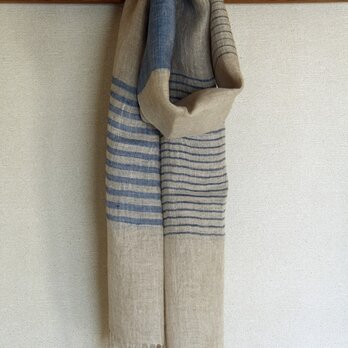 手織り麻ストール　ナチュラル×藍ボーダー