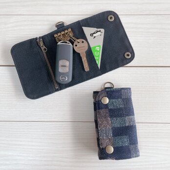 チェック柄岡山デニム　倉敷帆布　　三つ折りキーケース　4連　スマートキーケース　カードケース　コインケース