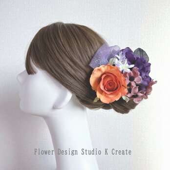 オレンジの薔薇とモーブピンクのアネモネの髪飾り　フラメンコ　ダンス　髪飾り　発表会　薔薇　花飾り　オレンジ　ハロウィン　アネモネ