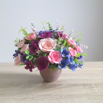 フェルトの花＊リンドウと薔薇＊フェルトフラワー アレンジメント＊還暦祝い 退職祝い