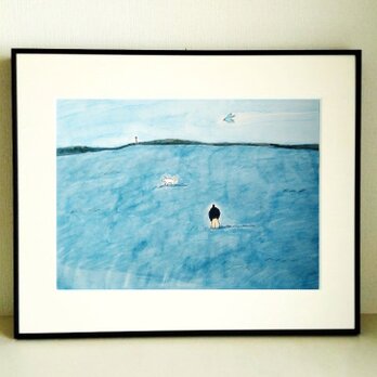 一点物｜絵画｜原画「風の強い日」イラスト　※額縁入り（四つ切サイズ）送料無料