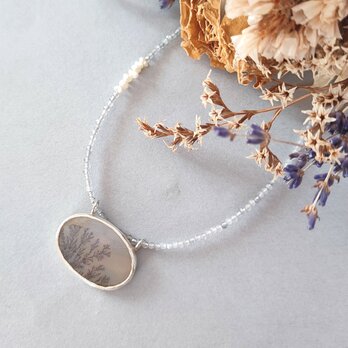 【1点もの】デンドリティックアゲート/淡水パール/ラブラドライト/シダ模様/フクロウ/梟/覆輪/天然石/ビーズネックレス