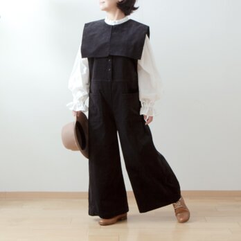 別珍スクエア衿付きオールインワン/ブラック