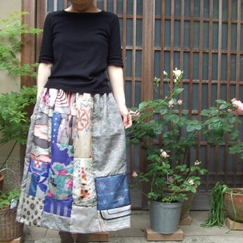 値下げ！！大島紬と青+白系銘仙でふんわり大人のギャザースカートの画像