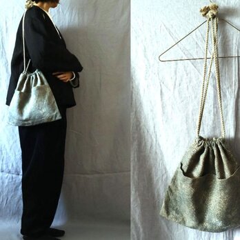 【受注制作】デニム風プリントリネン　お出掛け巾着袋〈小〉