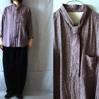 【受注制作】パープル/シルクリネンシャンブレー　ボウタイ長袖シャツ