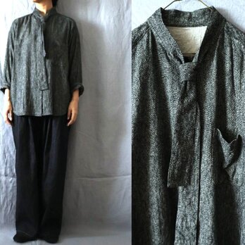 【受注制作】黒/シルクリネンシャンブレー　ボウタイ長袖シャツ