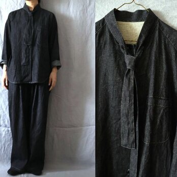 【受注制作】コットンリネンデニム　ボウタイ長袖シャツ