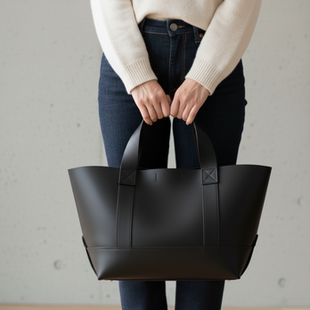 植物タンニンなめし イタリアンレザーの黒トートバッグ｜クラシックなキャンバストート風デザイン｜ジャンパーホック留め・カスタム対応