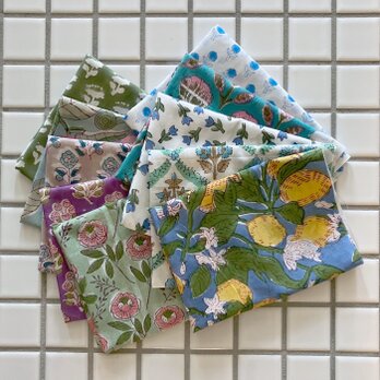 インド ブロックプリント生地 ミニカットクロス10枚セットV.19 寒色系ファブリック 花 IF0395