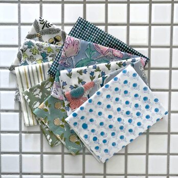 インド ブロックプリント生地 ミニカットクロス10枚セットV.41 寒色系ファブリック 花 IF0395