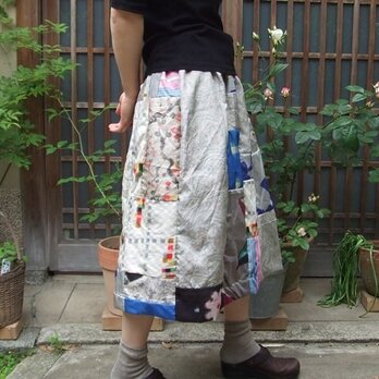 値下げ☆白大島とブルー系銘仙で爽やか夏スカート着物リメイクの画像