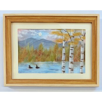 秋の湖畔の水鳥｜キラキラ光るアート｜和紙ちぎり絵 原画