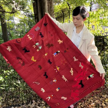 ミャンマー・チン族手刺繍布【レッド】Lot.6