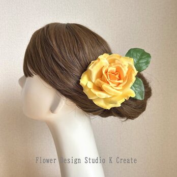 黄色い薔薇と葉っぱの髪飾り　花径110ｍｍ　袴　着物　ドレス　フラメンコ　フローレス　髪飾り