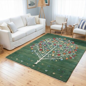 ペルシャ　ギャッベ　リビング　ラグ　200x155cm　ザクロの木　緑色　RJ11350