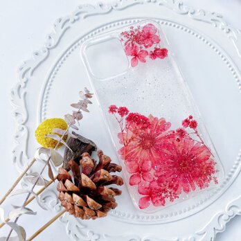 紫陽花、かすみ草押し花スマホケース、全機種対応、iFace風、手帳型、iPhone17、iPhone17Pro、iPhone15