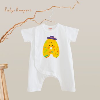 名入れ  イニシャル　カバーオール  ロンパース  半袖 出産祝い ベビー服  新生児 （イニシャルモンスターA）