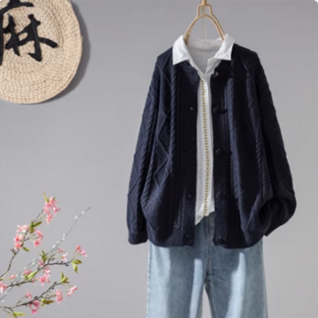 【受注】綿.編み ニットカーディガン ショート 無地 ラウンドネック ゆったり 大人カジュアル 可愛いセーター 秋冬 トップス