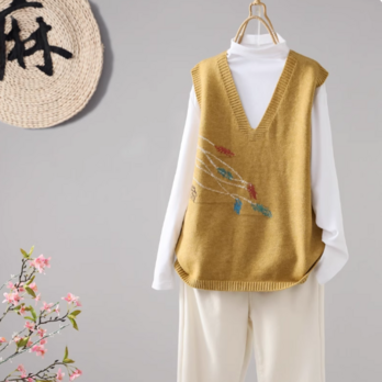 【受注】ニットベスト 秋冬  通勤 ゆったり 肌触り 良い かわいい レトロ ジャカード 編み  カジュアル トップス