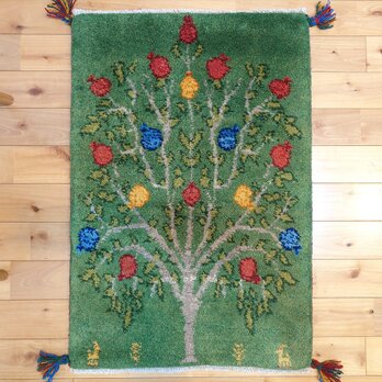 ペルシャ　ギャッベ　玄関マット　ラグ　85x57㎝ 　緑色　ザクロの木　RJ14918
