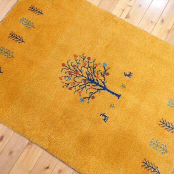 ペルシャ　ギャッベ　マット大　ラグ　122x86cm　黄金色　ザクロの木　ヤギ　生命の木　RJ16161