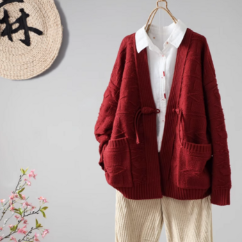 【秋冬の新作】 編み Vネックカーディガン チャイナボタン ゆったり シンプル 羽織り アウター