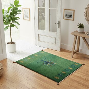 ペルシャ　ギャッベ　マット大　ラグ　120x84cm　緑色　ザクロの木　ヤギ　生命の木　RJ16102