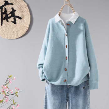 【受注】綿.編み ラウンドネックカーディガン シングルブレスト ゆったり ロングスリーブ 普段着 羽織り